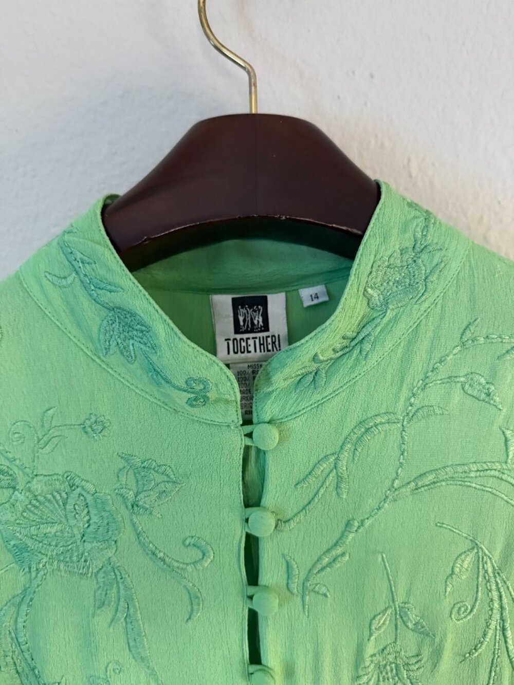 PRICE FIRM Vintage 90s Together Green Asian Style Embroidered Short Sleeve - Picture 4 of 11